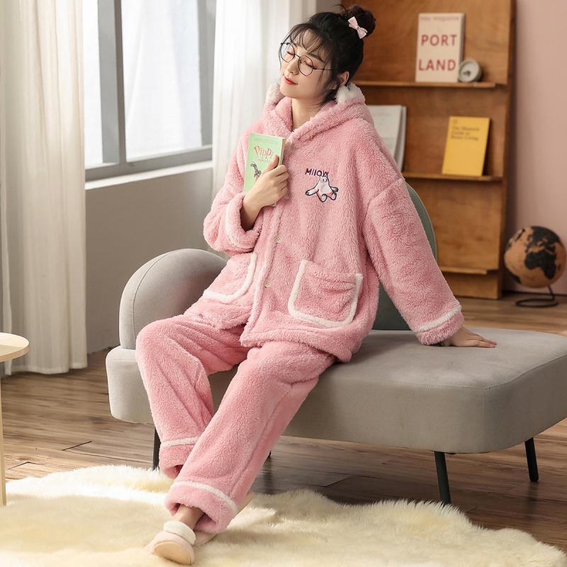 Autumn Winter women  Long sleeve Coral velvet nightwear Winter flannel Home dress Two suits pajama Warm pajamas with a hat