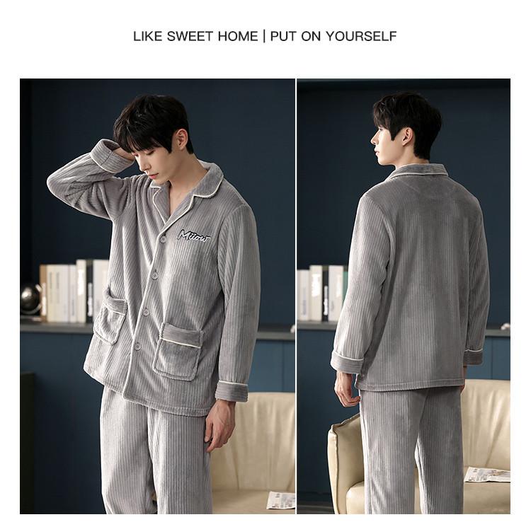 Long Sleeve Soft  Autumn Winter Thick Warm Flannel Pajama Sets For Men Long Sleeve Coral Velvet Sleepwear Suit Loungewear Homewear